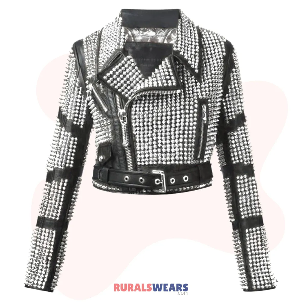 RW Authentic Cowhide Woman Silver Studded Leather Jacket