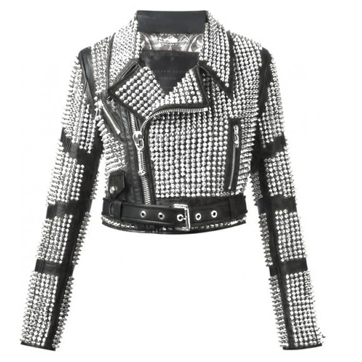 RW Authentic Cowhide Woman Silver Studded Leather Jacket