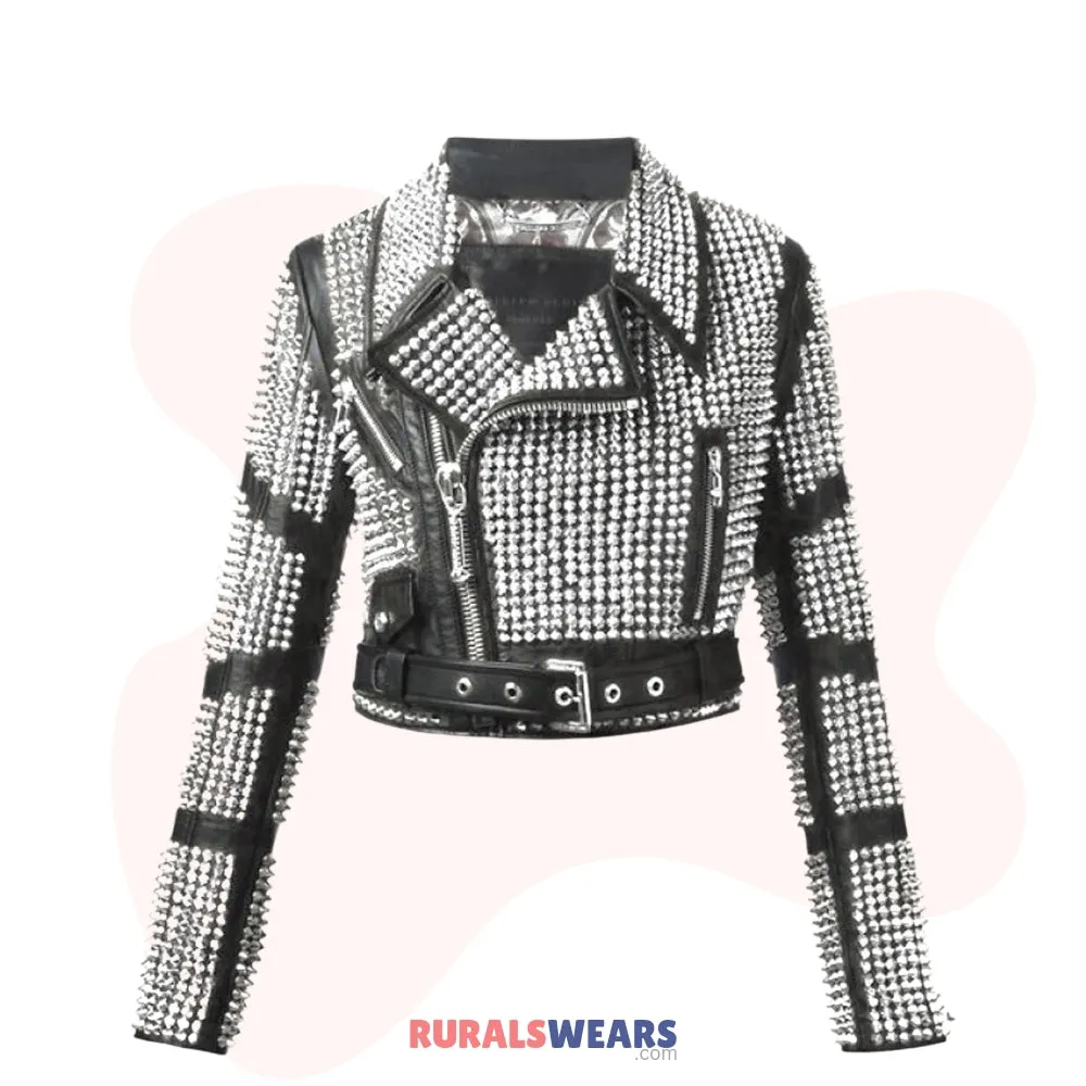 RW Authentic Cowhide Woman Silver Studded Leather Jacket