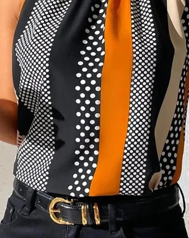 Sleeveless Casual Polka Dot Top Print & Mock Neck Daily Tops