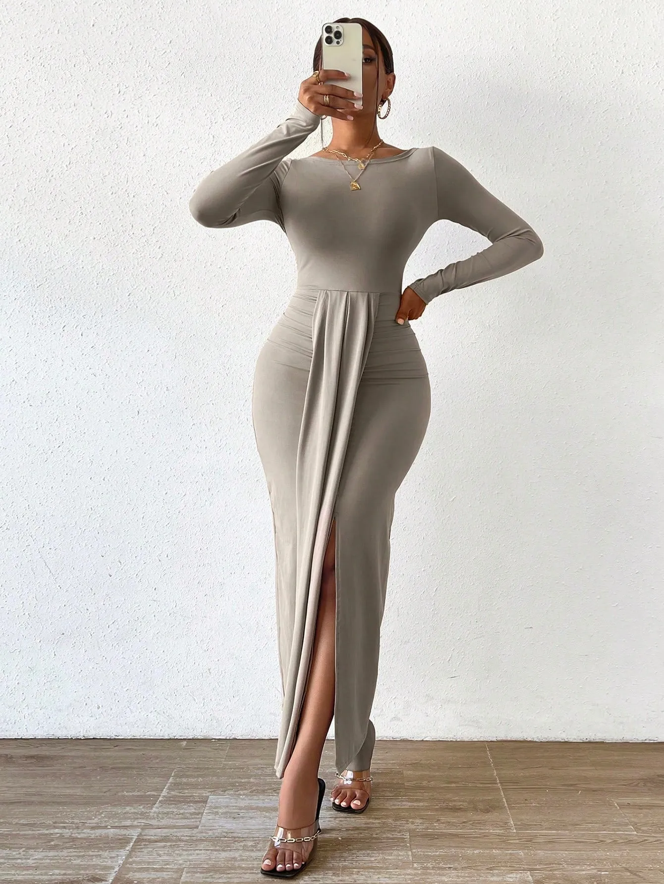 Solid Split Thigh Draped Detail Bodycon Dress