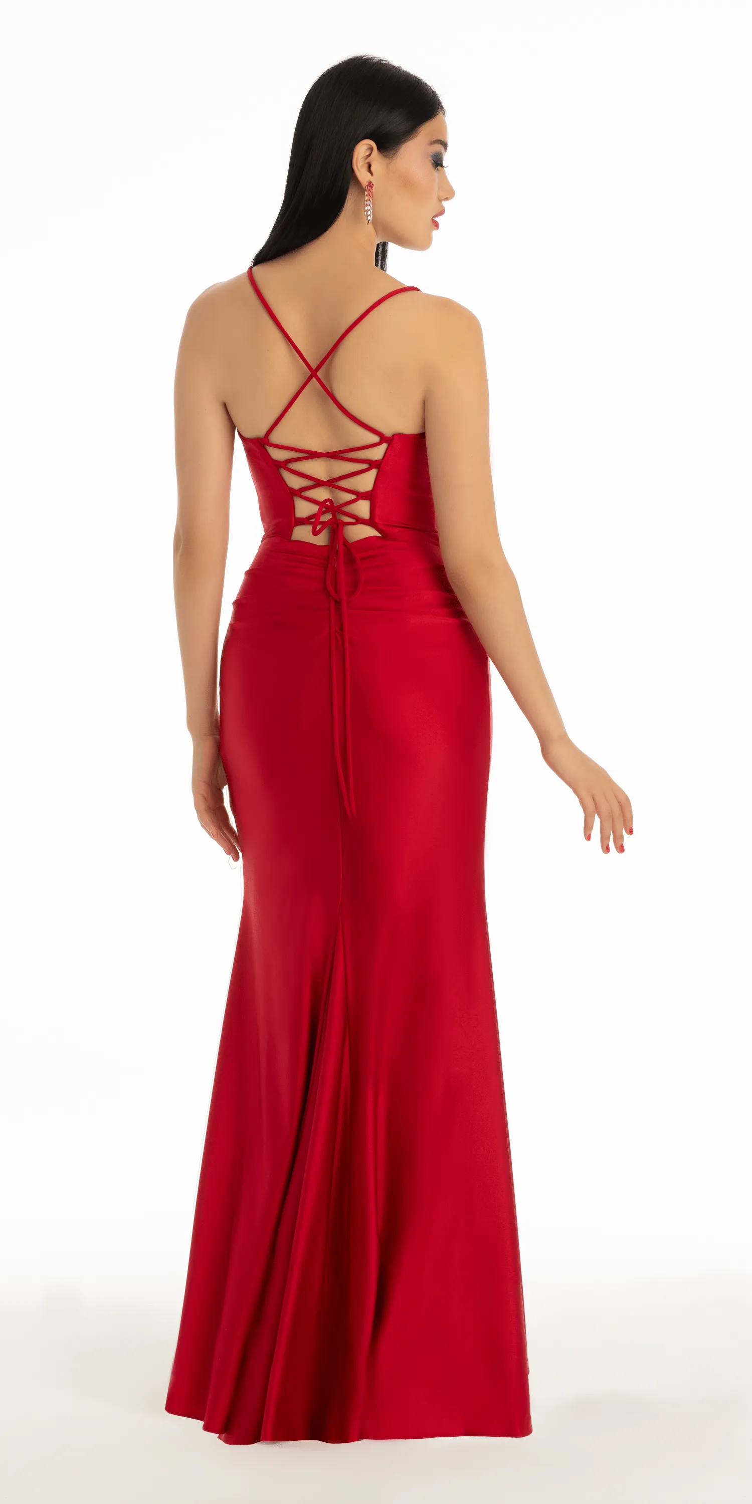 Stretch Satin Lace Up Back Dress with Train