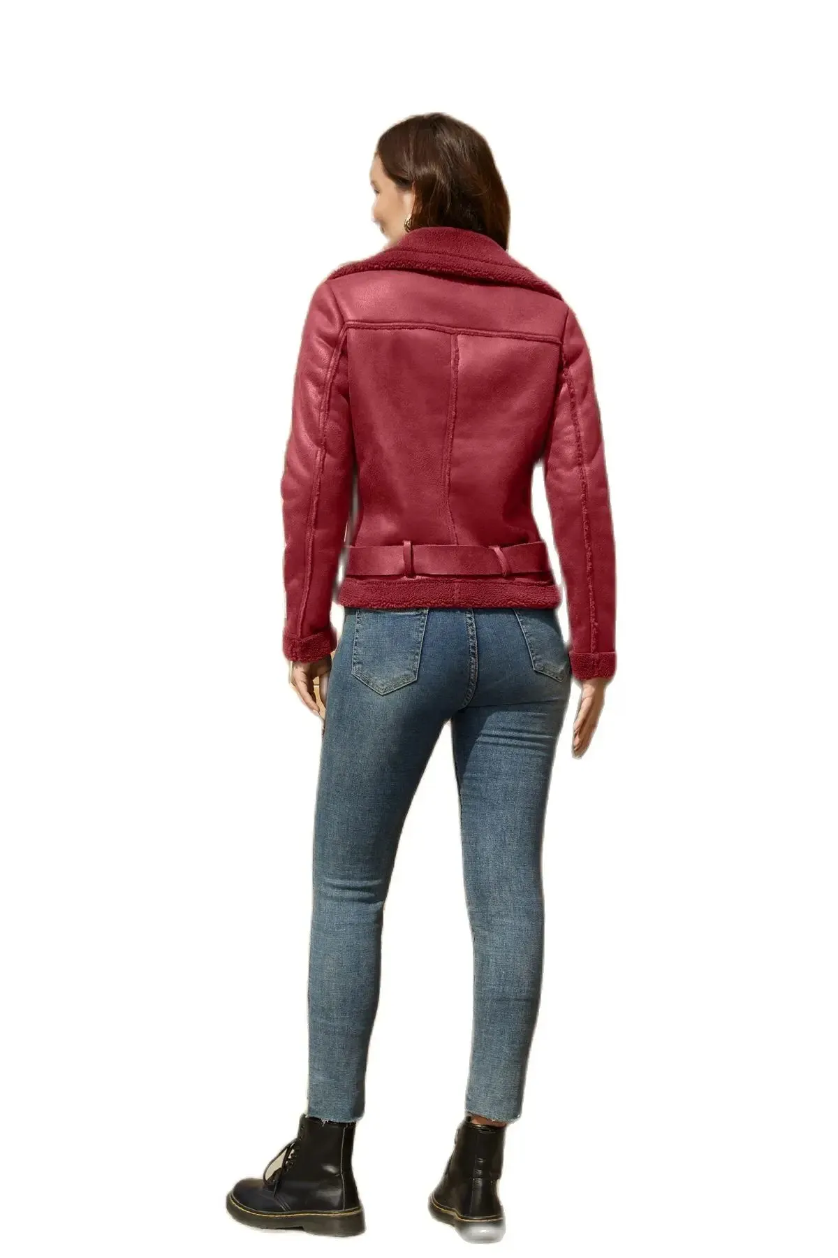 Stylish Warm Ladies Suede One Piece Jacket Leather Women Belted Coat