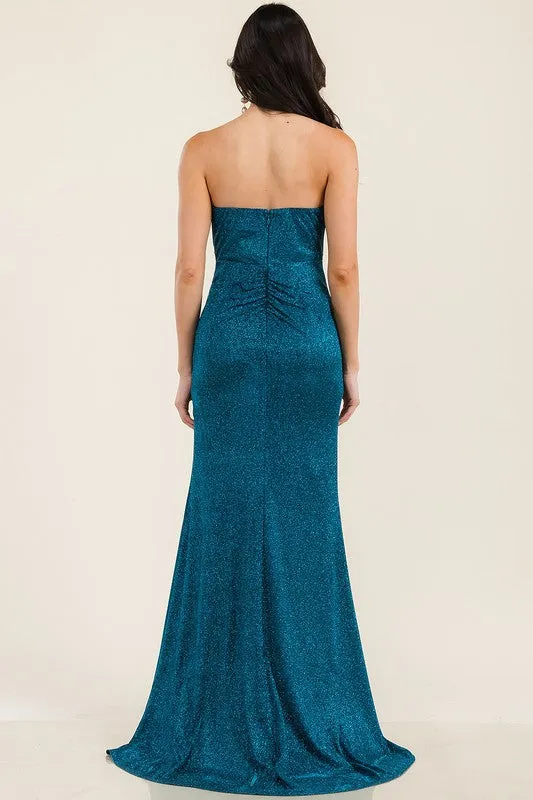 Teal Strapless Glitter Long Train Mermaid Maxi Dress