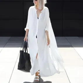 V Neck Split Single Breasted White Summer Maxi Dress