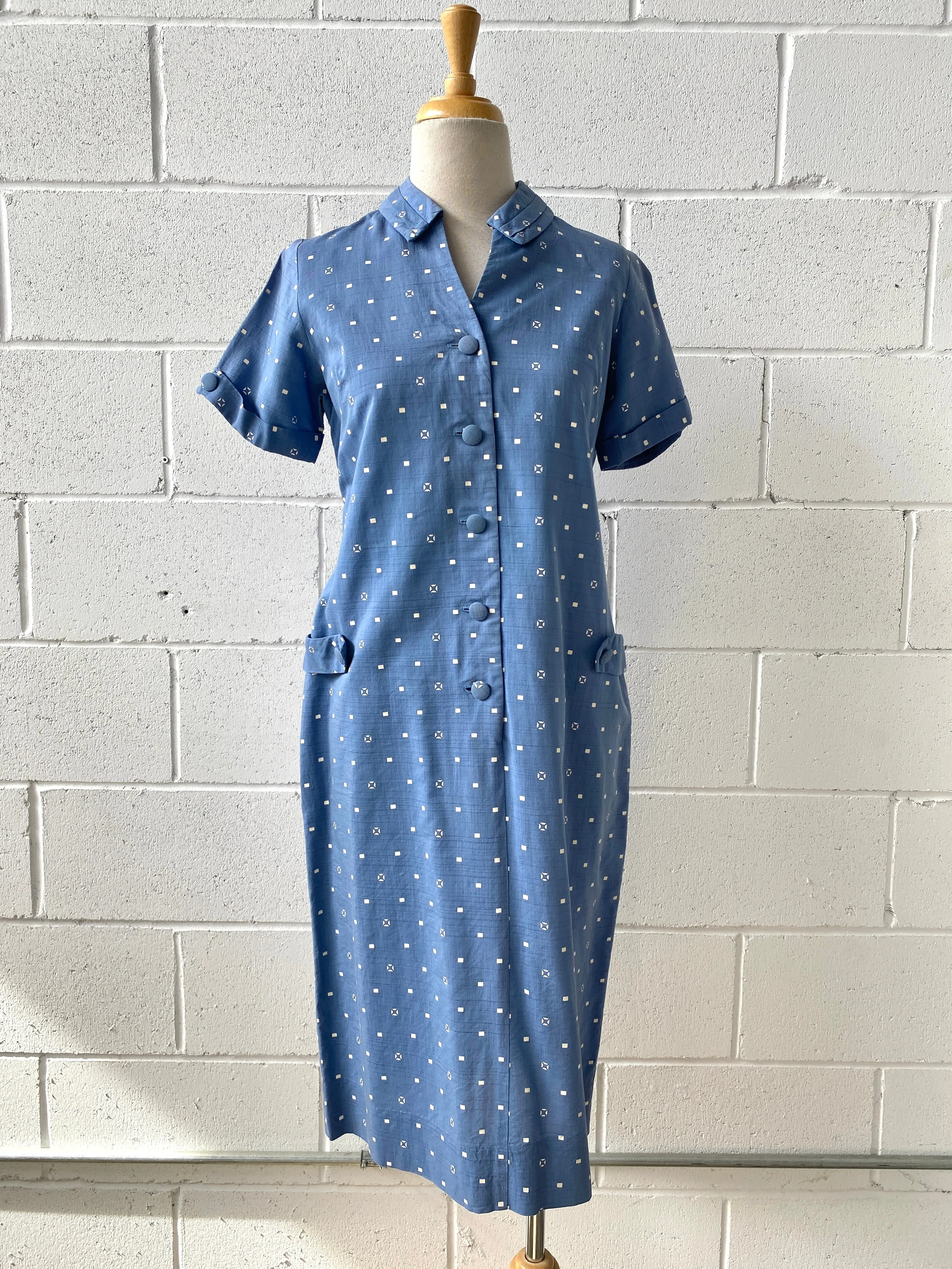 Vintage 1940s/50s Blue Geometric Print House Dress, Medium