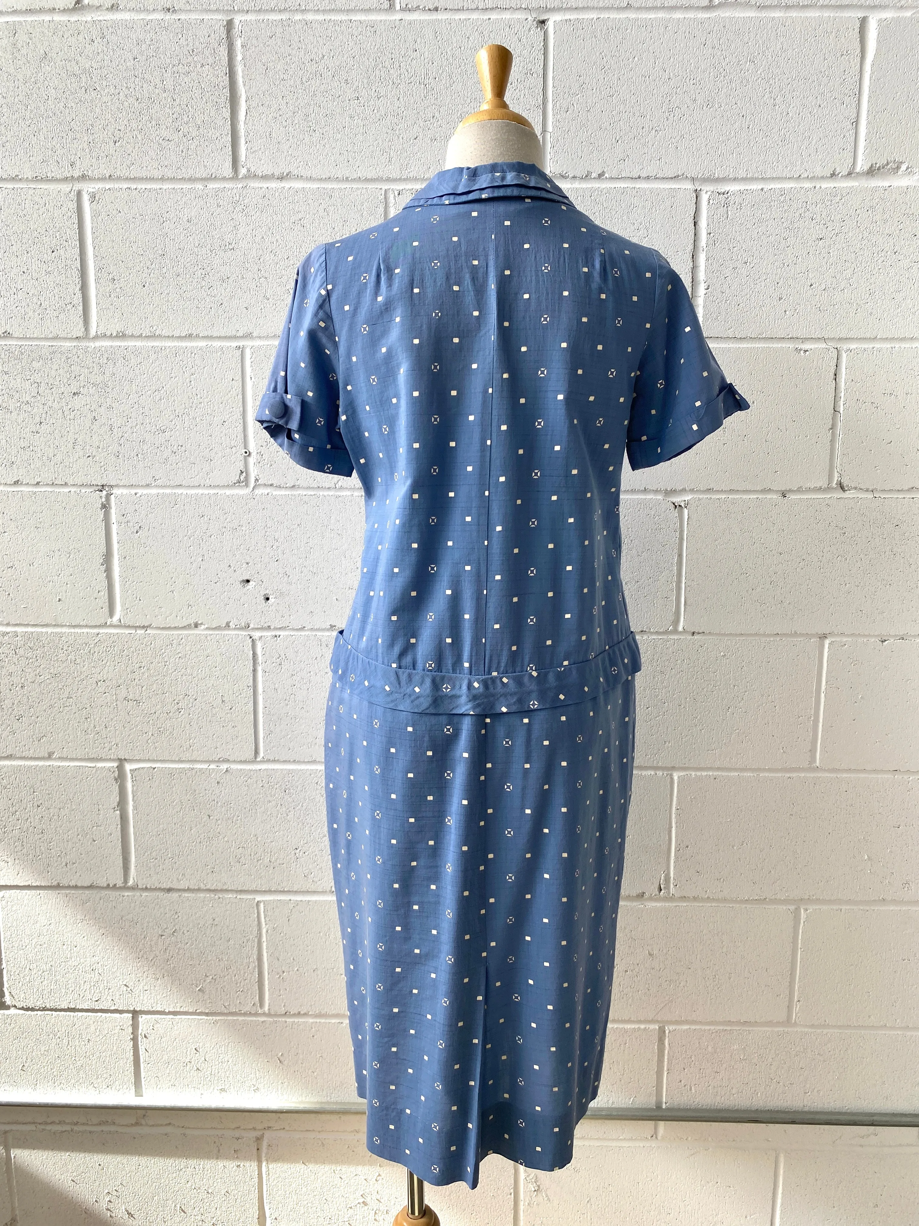 Vintage 1940s/50s Blue Geometric Print House Dress, Medium