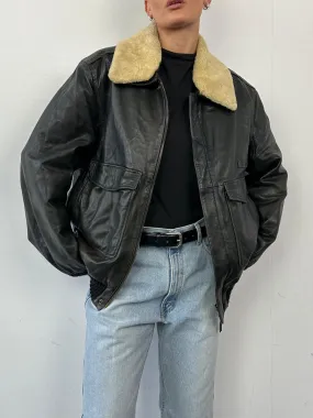 Vintage Removable Fur Collar Aviator Leather Bomber Jacket - L/XL