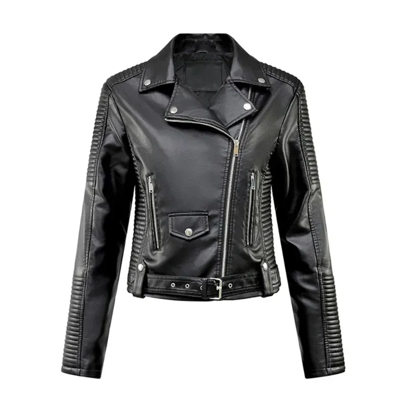 Women Faux Leather Belted Moto Biker Jacket