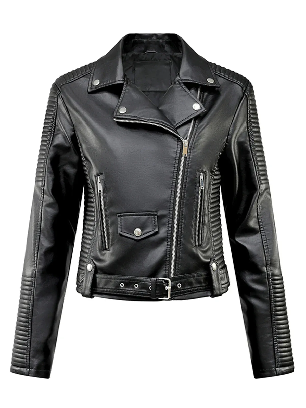 Women Faux Leather Belted Moto Biker Jacket