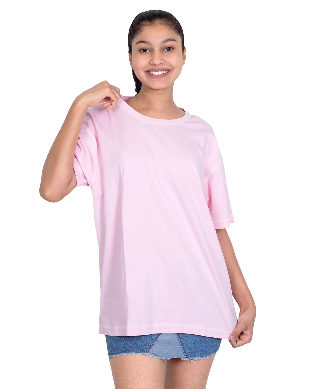 Women Pink Round Neck Oversized T-Shirt