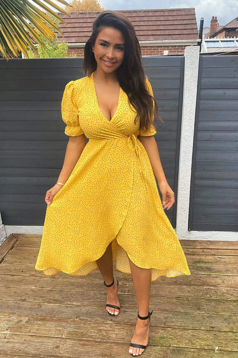 Yellow Polka Dot Wrap Midi Dress